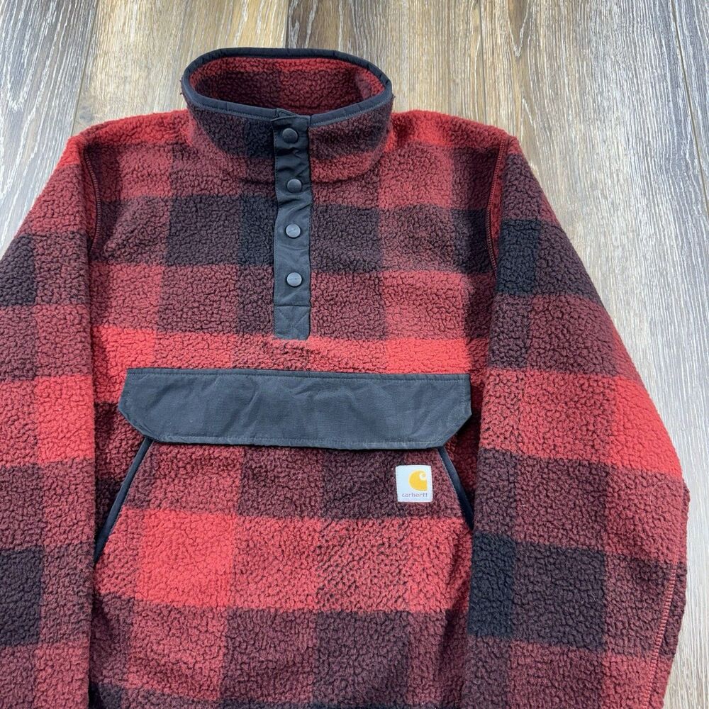Carhartt Fleece Anorak Pullover Sweater Mens M Red Black Buffalo Plaid T Snap